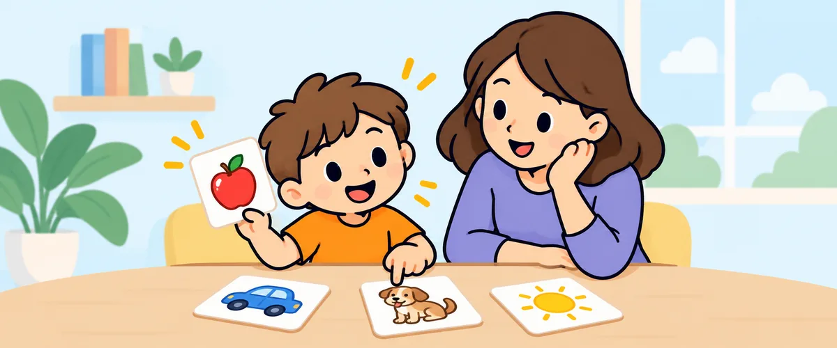 A boy holds up a card with an apple and points to another with a dog, among other picture cards on the table, while a woman beside him listens with a smile.