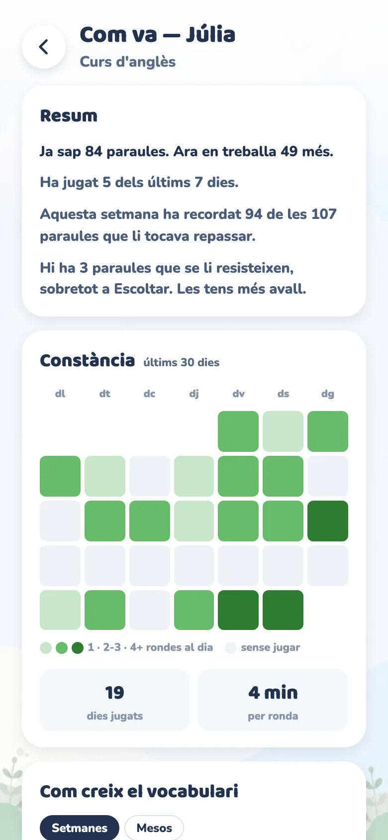 La pantalla «Com va» de la zona d'adults