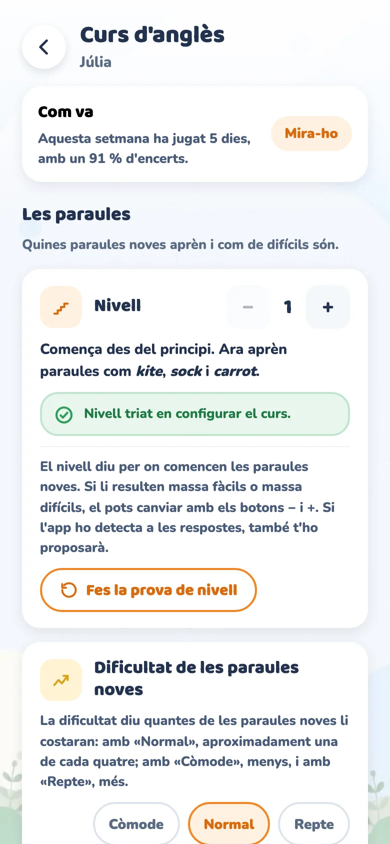 La fitxa del curs, a la zona d'adults