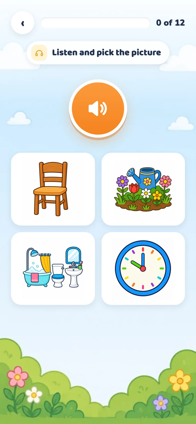 Listen screen: a word plays and the child picks one of four pictures