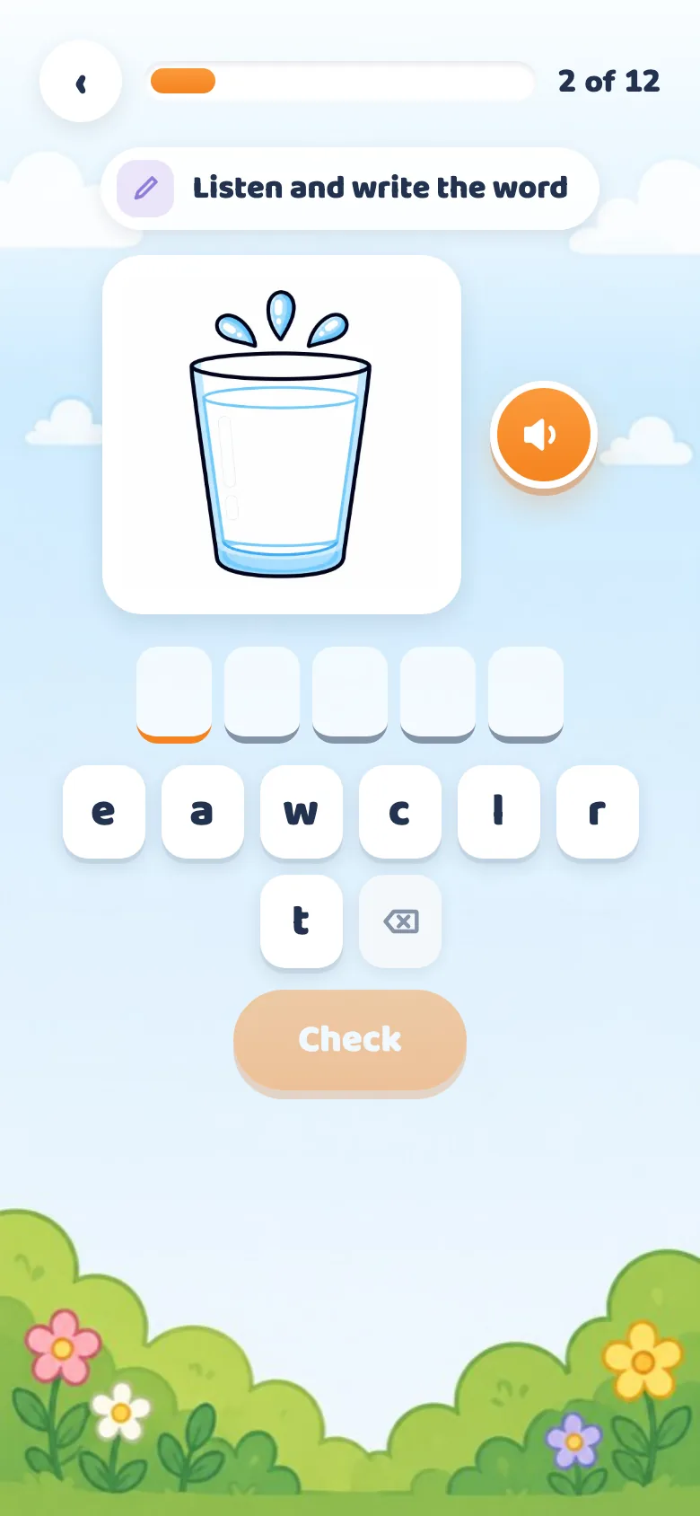 Write screen: a picture, one box per letter and the tiles to fill them