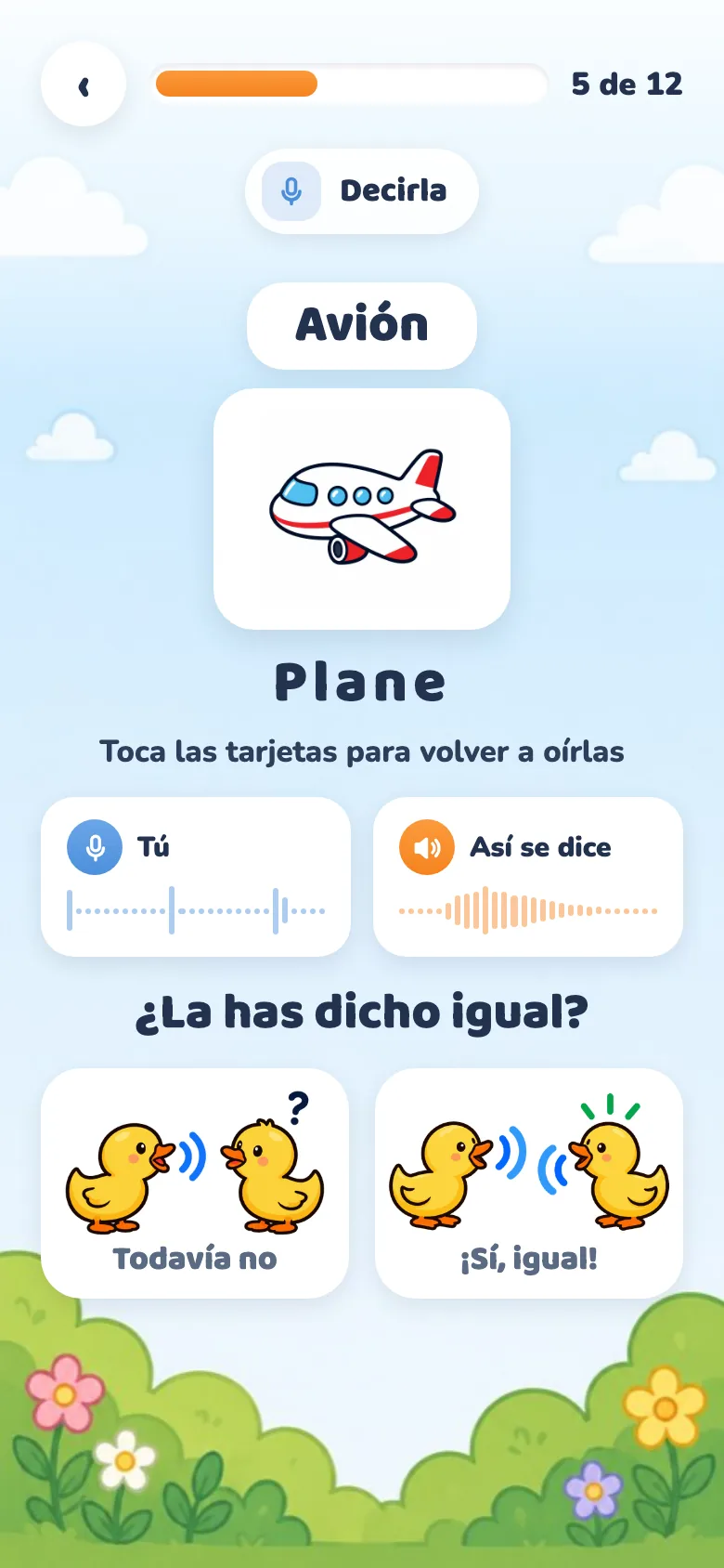 Pantalla de Decirla: el dibujo, su grabación al lado de cómo se dice y los dos botones para decir si lo ha dicho igual