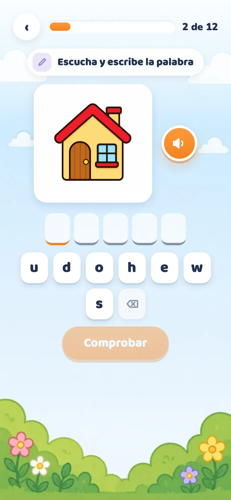 Pantalla de Escribir: un dibujo, las casillas de cada letra y las fichas para rellenarlas