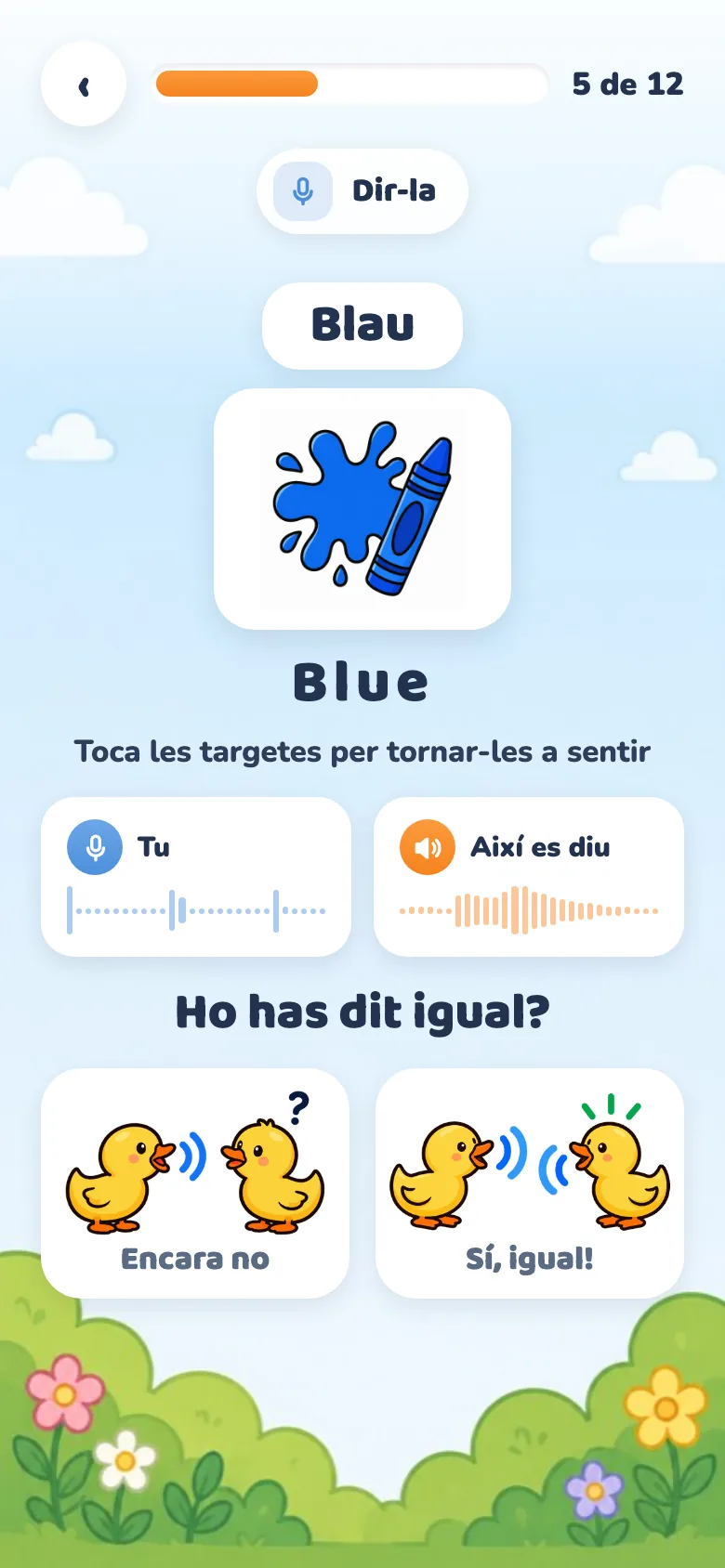 Pantalla de Dir-la: el dibuix, la seva gravació al costat de com es diu i els dos botons per dir si ho ha dit igual